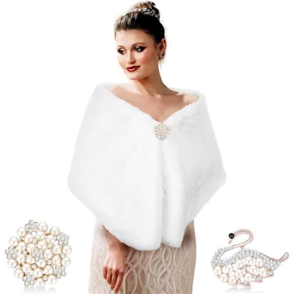 Women's Shawl Wrap with 2 Rhinestone Brooches White